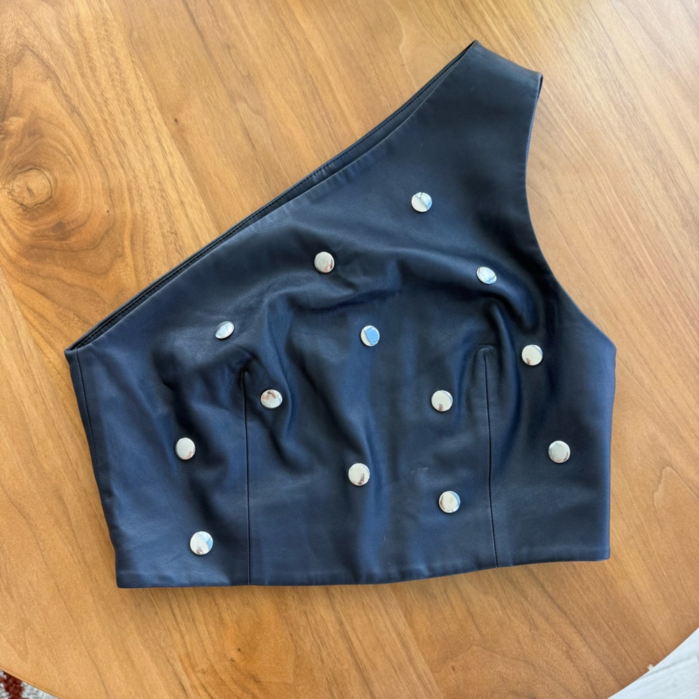 Dots One-Shoulder Black Crop Top with Silver Studs